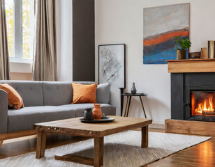 Wooden table next to grey corner settee in warm living room interior with painting and fireplace