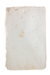 Old vintage lined paper stack binding with metal stapler at the corner on white background