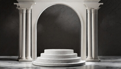 D background mockup with marble product podium for cosmetics display. White Greek antique columns against a dark wall with an arch. White marble steps behind - obrazy, fototapety, plakaty