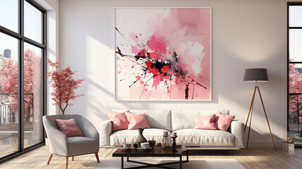 Pink-toned abstract art, cityscape with cherry blossoms, modern living room, interior with wood flooring, design floor lamp Generative AI - obrazy, fototapety, plakaty