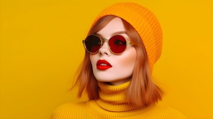 A striking woman with auburn hair dons red sunglasses, a bold red lipstick, and a vibrant yellow beanie and turtleneck, contrasting brilliantly against a solid yellow background. - obrazy, fototapety, plakaty