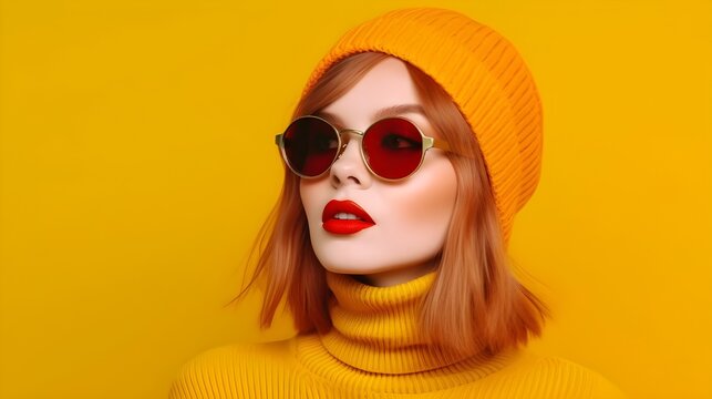 A striking woman with auburn hair dons red sunglasses, a bold red lipstick, and a vibrant yellow beanie and turtleneck, contrasting brilliantly against a solid yellow background.