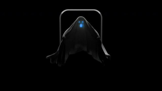 A scary ghost with a blue eyes and mouth in a 3D animation