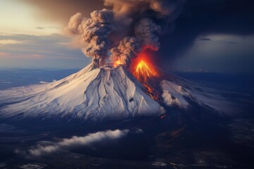Volcanic eruption at sunset, 3D illustration of active volcano, Karimskiy volcano. Volcanic eruption in Kamchatka, ash flow and destroyed, AI Generated