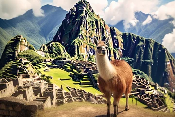 Papier Peint photo Lama Llama on the background of the ancient city of Machu Picchu, Lama And Machu Picchu, AI Generated