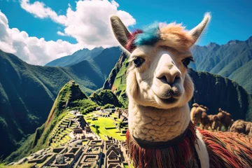 Photo sur Plexiglas Machu Picchu Llama in Machu Picchu, Peru, South America, Lama And Machu Picchu, AI Generated