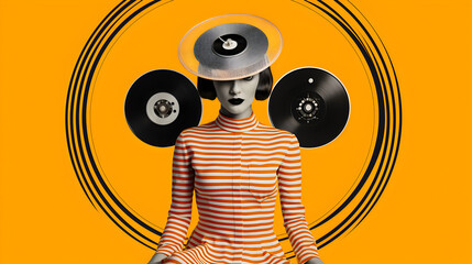 Fashion retro style collage Woman dressed in black and white stripes, antique gramophone
