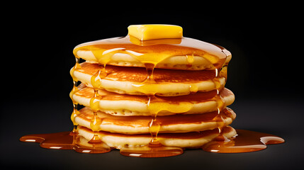 Several pancakes with butter on top of them and drizzled with juicy honey.
