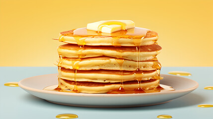 Several pancakes with butter placed on pancakes, topped with juicy honey on a yellow background.