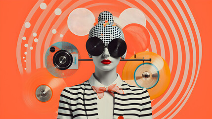 Fashion retro style collage Woman dressed in black and white stripes, antique gramophone