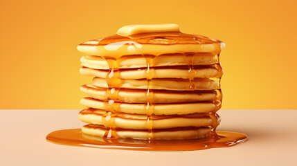 Several pancakes with butter on top of them and drizzled with juicy honey.