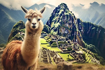 Fotobehang Llama in the ancient city of Machu Picchu, Peru, Lama And Machu Picchu, AI Generated © Iftikhar alam