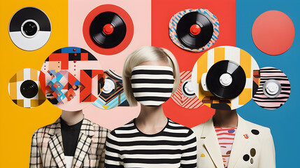 Fashion retro style collage Woman dressed in black and white stripes, antique gramophone