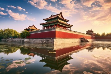 The Forbidden City in Beijing, China at sunset with reflection in water, Landscape view of the...