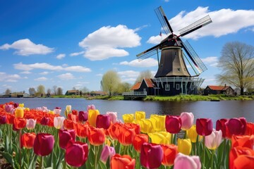 Colorful tulips and windmill in Holland. Spring landscape, Landscape with tulips in Zaanse Schans, Netherlands, Europe, AI Generated - obrazy, fototapety, plakaty