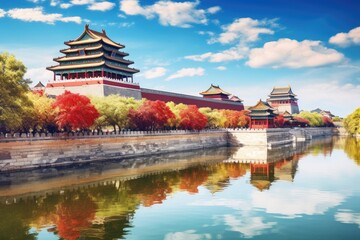 The Forbidden City in Beijing, China. Travel and architecture background, Landscape view of the Forbidden City in Beijing, China. Panorama, AI Generated - obrazy, fototapety, plakaty