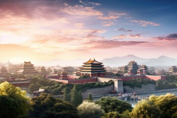 The ancient city of Beijing at sunset, China. Travel background, Landscape view of the Forbidden City in Beijing, China. Panorama, AI Generated