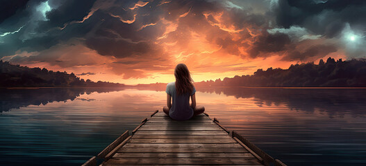 woman sitting on dock looking at lake - obrazy, fototapety, plakaty