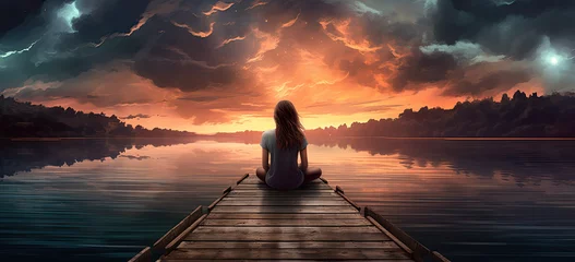 Raamstickers woman sitting on dock looking at lake © Kien