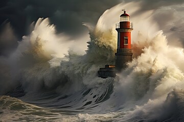 Stormy sea with big waves and lighthouse. 3D illustration, lighthouse hit by massive wave, AI Generated