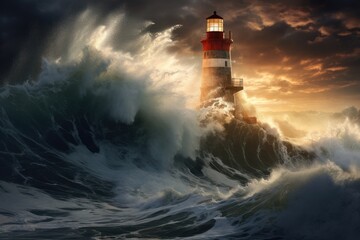 Fototapeta na wymiar Lighthouse in stormy sea. 3D illustration. Elements of this image furnished by NASA, lighthouse hit by massive wave, AI Generated