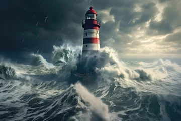Foto op Aluminium Stormy sea with lighthouse in the middle. 3D illustration, Lighthouse in the storm on the North Sea. 3d rendering, AI Generated © Iftikhar alam