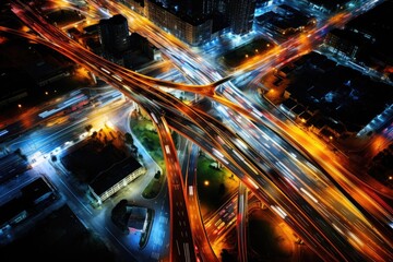 Fototapeta na wymiar Highway in the city at night. The concept of speed and movement, lights on the street. Expressway top view, traffic light painting, AI Generated