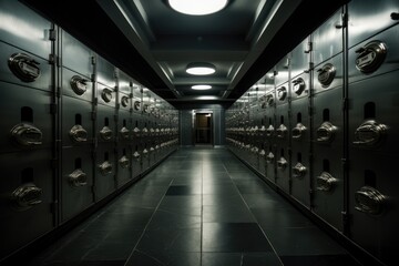 Interior of a modern locker room with doors and lockers, lockers in a bank in a vault, AI Generated - obrazy, fototapety, plakaty