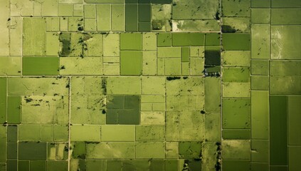 An aerial view of fields with fields ahead, in the style of organic geometry, dutch tradition, light green and dark emerald, bauhaus photography, grid-based, shaped canvas