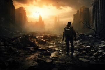 Man with a backpack on the background of the destroyed city. Mixed media, Lone soldier walking in destroyed city, AI Generated
