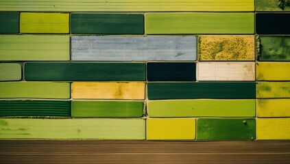 An aerial view of fields with fields ahead, in the style of organic geometry, dutch tradition, light green and dark emerald, bauhaus photography, grid-based, shaped canvas