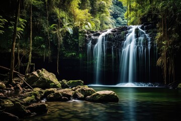 Tropical waterfall in deep forest at Phu Soi Dao National Park, Thailand, Long exposure of a waterfall in the jungle, Khao Yai National Park, Thailand, AI Generated - obrazy, fototapety, plakaty