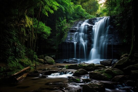 Beautiful waterfall in the forest at Phu Soi Dao National Park, Thailand, Long exposure of a waterfall in the jungle, Khao Yai National Park, Thailand, AI Generated