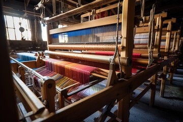 Weaving loom in a traditional textile factory, close-up, loom production of threads and textiles, AI Generated