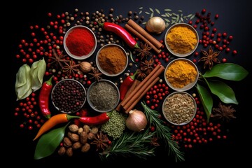 Spices and herbs on black background. Food and cuisine ingredients, lots of Spices on black background Top view, AI Generated