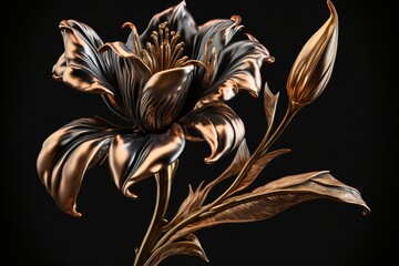 A golden lily flower isolated on a black background