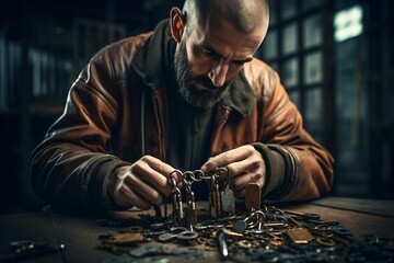 A locksmith working on his locks and keys - obrazy, fototapety, plakaty