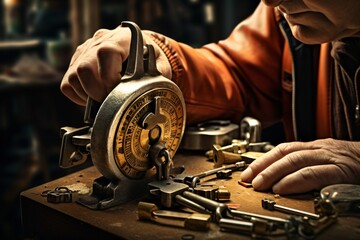 A locksmith working on his locks and keys - obrazy, fototapety, plakaty