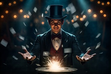 Portrait photography of a magician performing a magic trick - obrazy, fototapety, plakaty