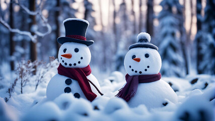 Obraz premium Two snowman in the forest covered in snow.