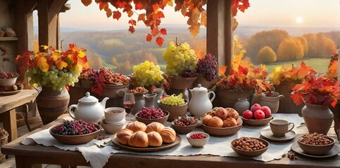 A peaceful image of a rural Thanksgiving setting, Celebration harvest abundance pumpkin flower arrangements on the table in a cozy country room  - obrazy, fototapety, plakaty