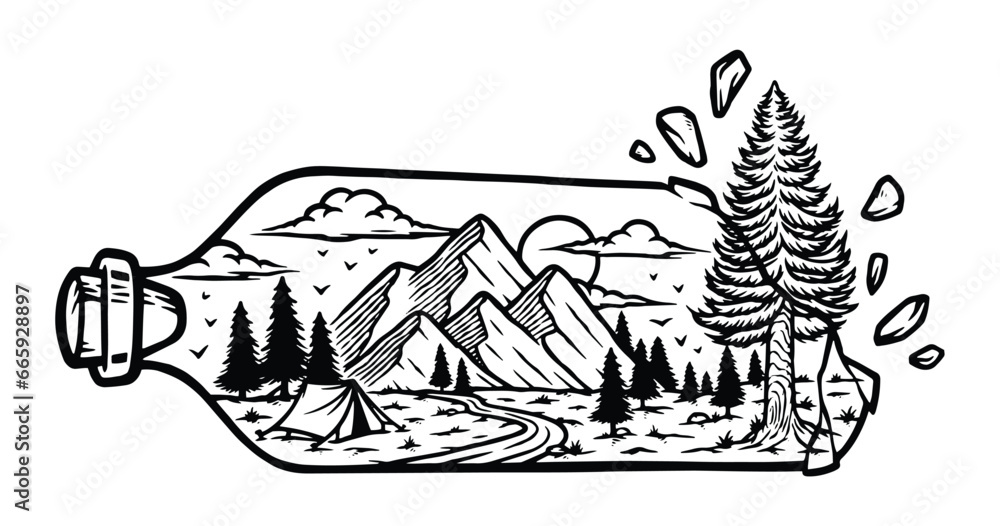 Wall mural mountain view in a bottle line illustration