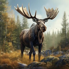 Majestic moose standing in a grassy field surrounded by tall trees, AI-generated.