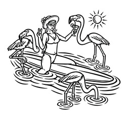 beautiful woman and flamingo on the beach line illustration