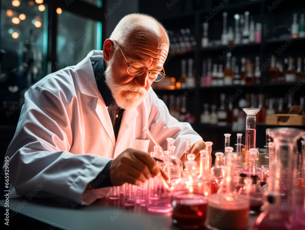 Poster experienced senior scientist working in the laboratory. he is wearing a white coat and glasses. gene