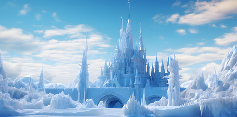 Fantasy landscape with fairytale castle and frozen lake. 3d render