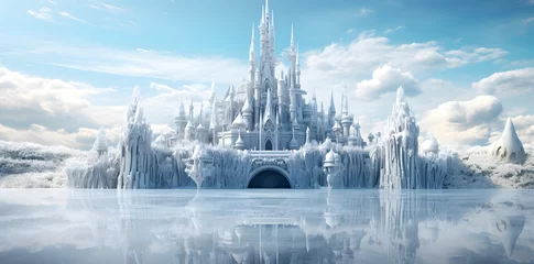 Fototapeten Fantasy landscape with fairytale castle and frozen lake. 3d render © wing