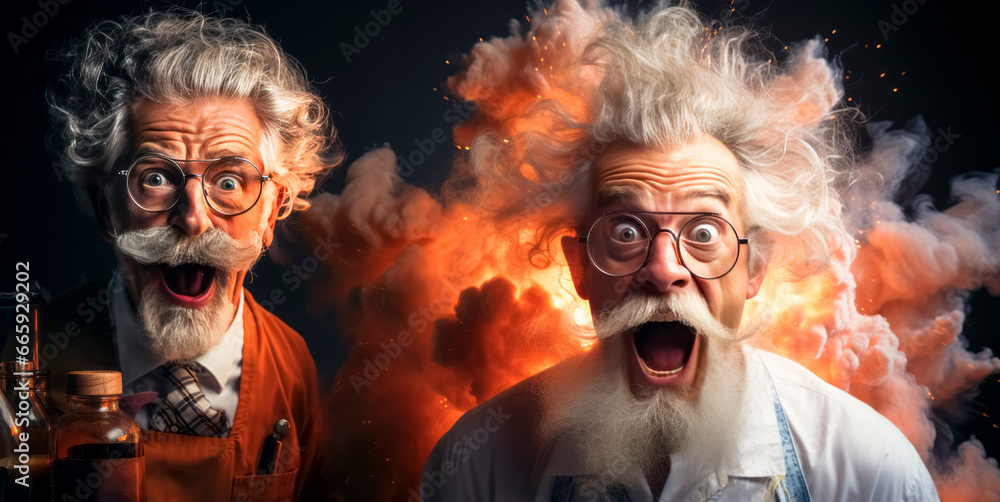 Poster portrait of two funny senior men with glasses and a beard in aprons on a black background. generativ