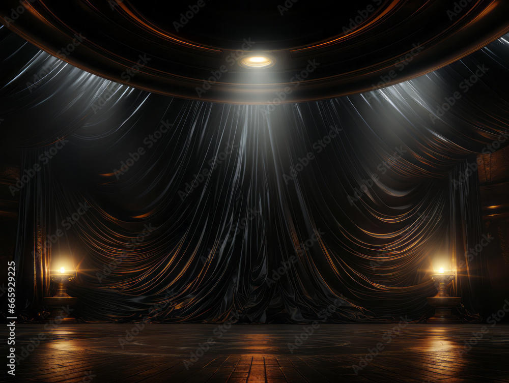 Poster dramatic scene of empty stage with spotlights. generative ai