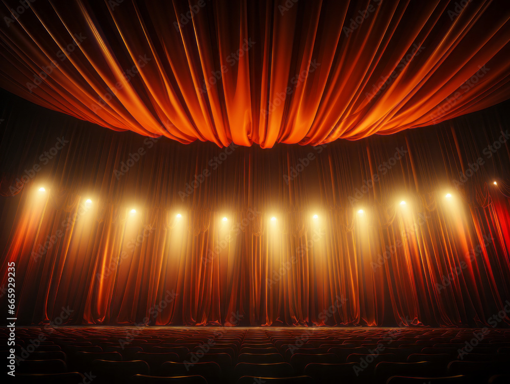 Poster theater stage with red curtains and spotlights. generative ai